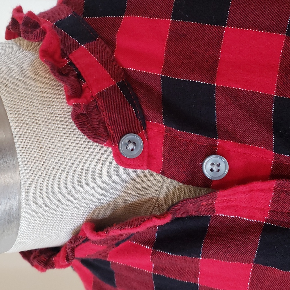 J. CREW FACTORY Buffalo Plaid Ruffle Collar Flannel Shirt Red Black Silver S - Picture 11 of 16
